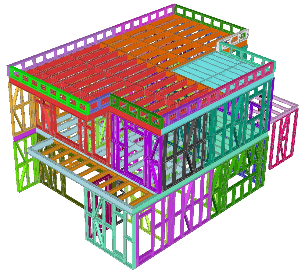 Model structural 3D al unei case cu parter și etaj, cu panourile colorate diferit