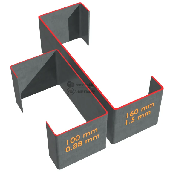 Două profile alăturate: unul de 100 mm din tablă de 0,88 mm, altul de 160 mm din tablă de 1,5 mm
