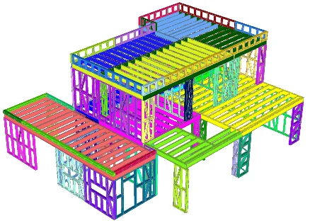 Model structural 3D al unei case întregi, cu fiecare modul colorat separat