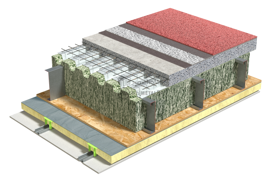 4.3.1 Detaliu de planseu tabla cutata si beton izolatie fibre celulozice membrana acustica pe beton mocheta