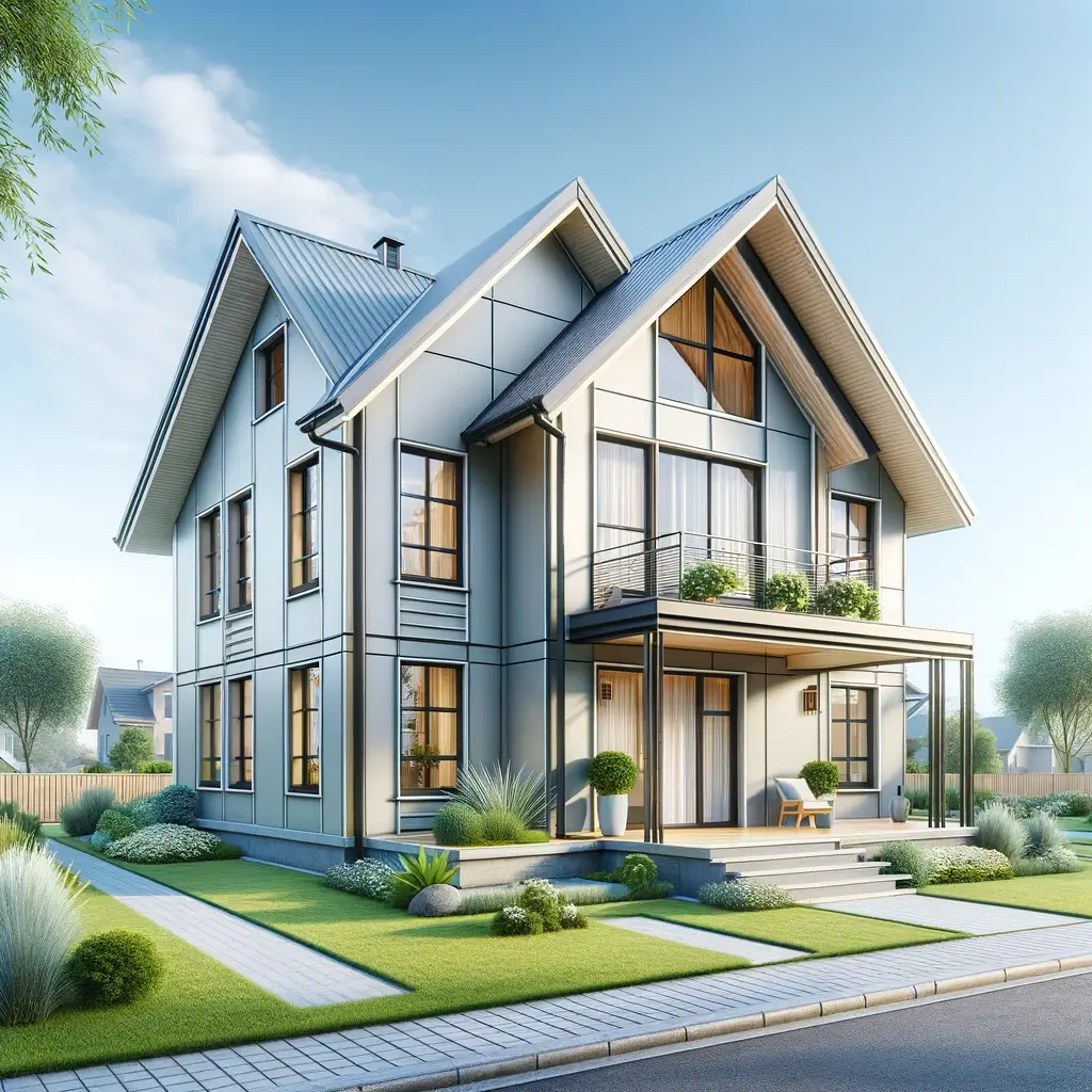 DALL·E 2024 01 19 13.27.42 A realistic image of a modern fully finished turnkey house. The house is built with light steel frames fully completed with smooth exterior walls