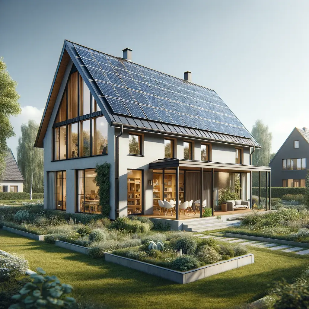 DALL·E 2024 01 19 13.34.57 A highly realistic image of a NZEB Nearly Zero Energy Building house. The architecture is contemporary with a practical and lived in appearance. Th